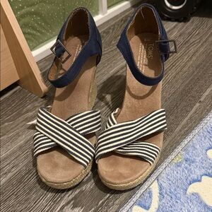Toms Navy and Navy-White Striped Wedge Sandals